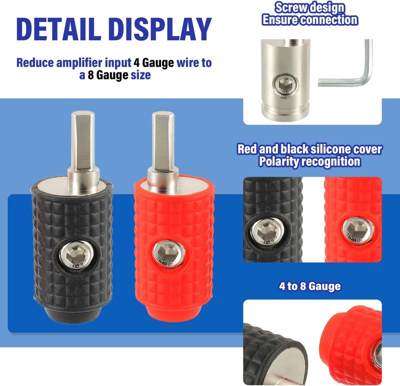 BOJACK Amp Input Reducer 4 Gauge to 8 Gauge Reducer Car Stereo Power/Ground GA adapters with Red/Black Silicon Covers and Hex Tool for Car Audio Systems (Pack of 2) - Image 3